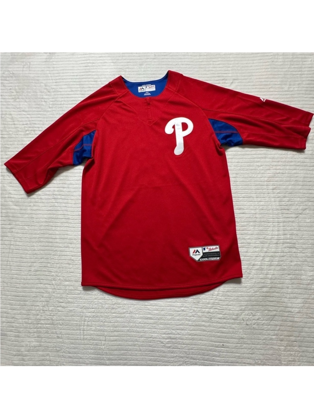 Majestic Red Phillies Baseball Jersey with Blue Accents